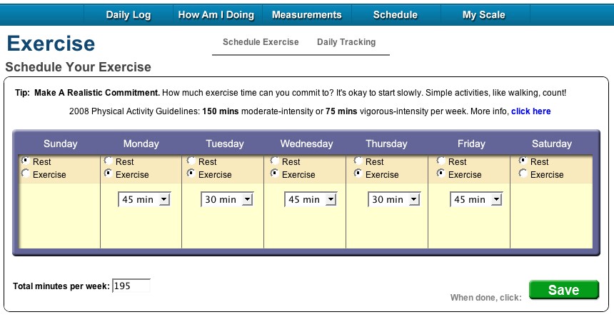 Exercise schedule screen shot