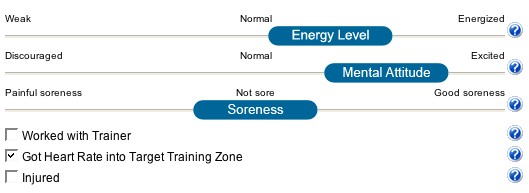 Note 'energy level', 'mental attitude' and 'soreness' for the day with interactive sliders.